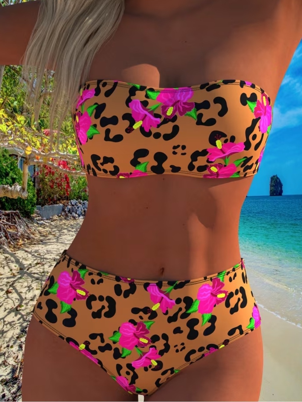 High-Waist Bandeau Bikini Set in Tan with Pink Floral Print